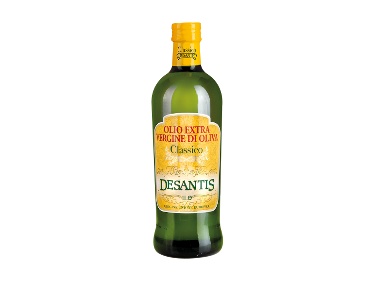 Bottiglia di olio extra vergine di oliva classico con etichetta gialla e testo verde, 1 litro.