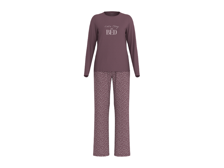 Pigiama da donna viola con maglia a maniche lunghe 'Let's Stay in Bed' e pantaloni a fantasia
