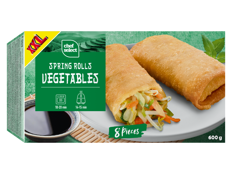 Involtini primavera XXL con verdure, 8 pezzi, 600g, con istruzioni di cottura.