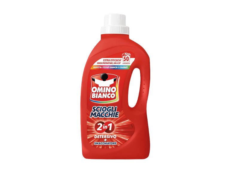 Flacone rosso di detersivo 2 in 1 per 50 lavaggi, scioglie le macchie.