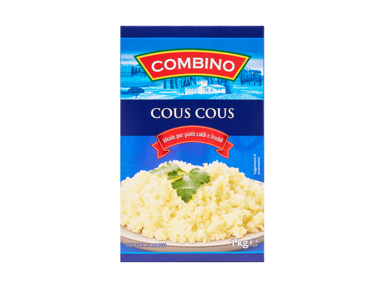 Confezione di cous cous con testo che indica che è ideale per piatti caldi e freddi, peso 1 kg.