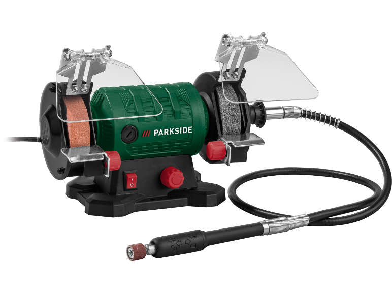 Smerigliatrice da banco con albero flessibile e coperture protettive.
