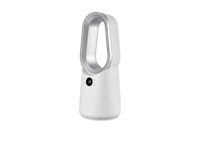 Ventilatore e riscaldatore senza pale con display digitale che mostra '10'.