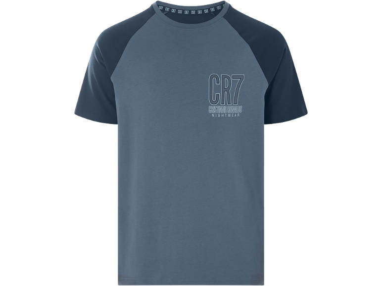 Maglietta pigiama blu con maniche raglan e stampa sul petto.