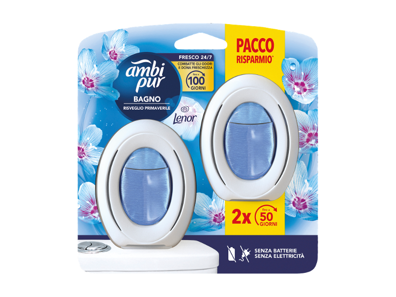 Confezione doppia di deodoranti per bagno, che offrono freschezza fino a 100 giorni.