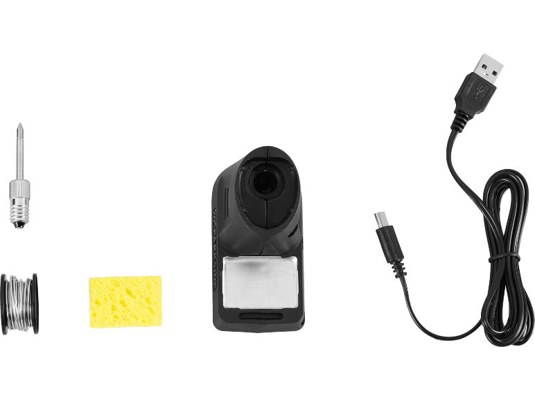 Set per saldatura con saldatore, filo di stagno, spugna e cavo di ricarica USB.