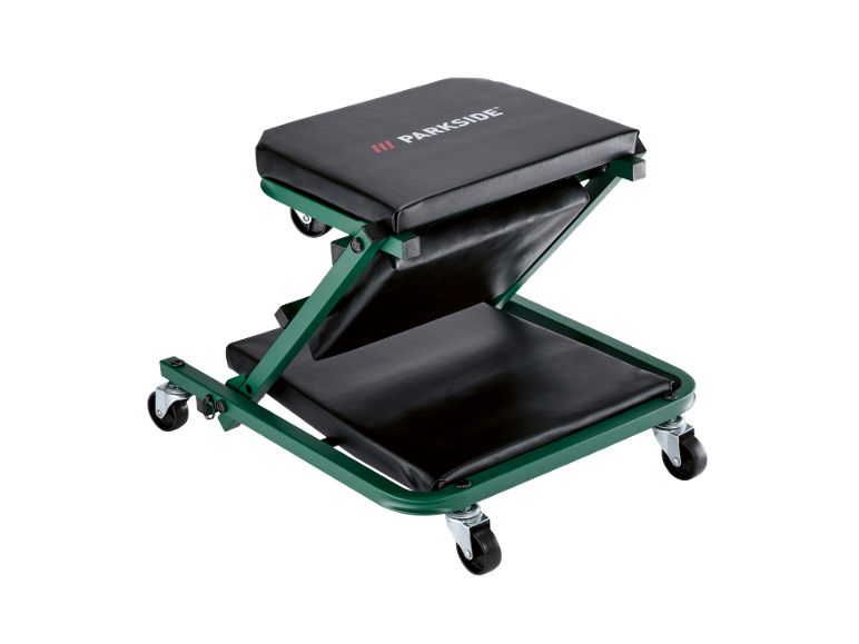 Carrello da officina pieghevole verde con sedile e schienale imbottiti neri, con ruote.