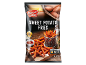 Confezione di patatine fritte di patate dolci surgelate con una ciotola di ketchup e olio di semi di girasole.
