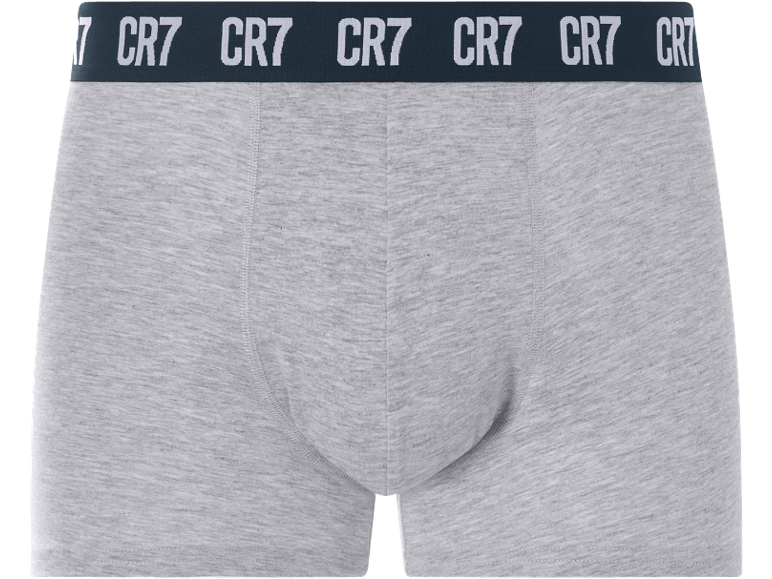 Boxer grigi con elastico in vita scuro e testo ripetuto.