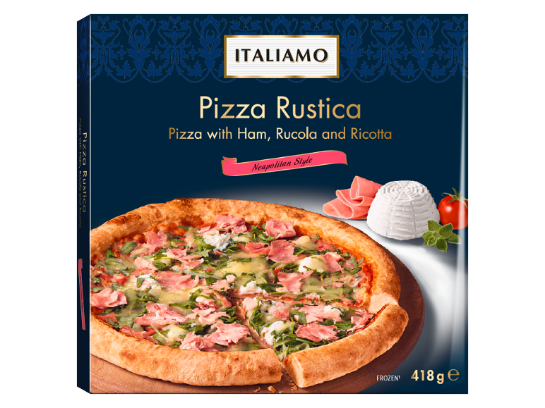 Pizza Rustica con prosciutto, rucola e ricotta, stile napoletano, surgelata, 418g.
