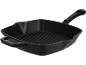 Padella grill quadrata in ghisa nera con fondo a coste e manico.