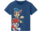 Maglietta blu a maniche corte con due cani dei cartoni animati, uno con cappello da poliziotto e uno con elmetto da pompiere.