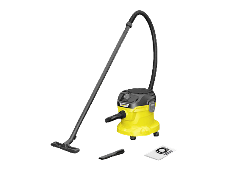 Aspirapolvere giallo e nero con manico lungo, tubo e accessori.