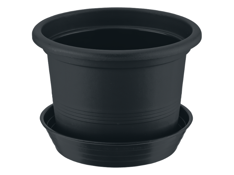 Vaso da fiori rotondo nero con sottovaso.
