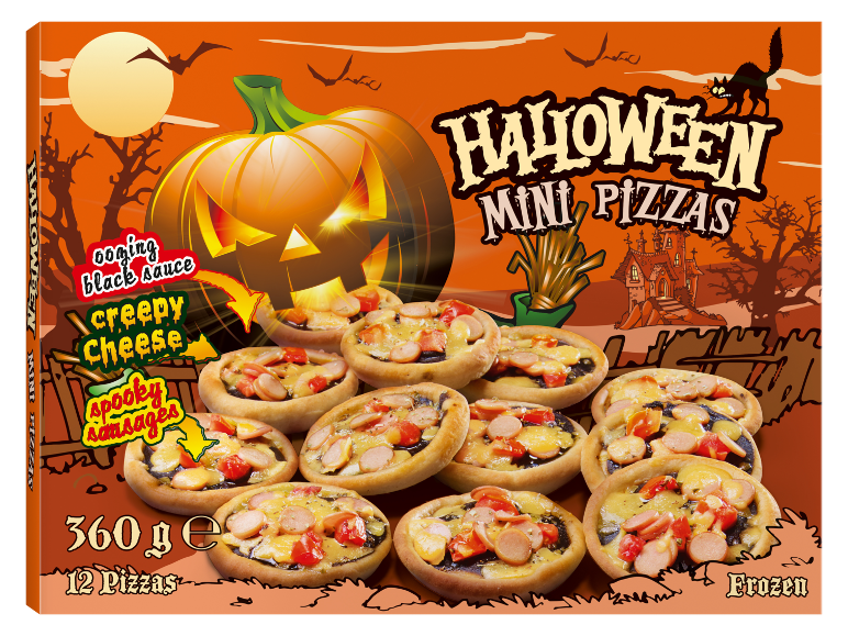 Confezione di mini pizze di Halloween con salsa nera, formaggio e salsicce, 360g, 12 pizze, surgelate.