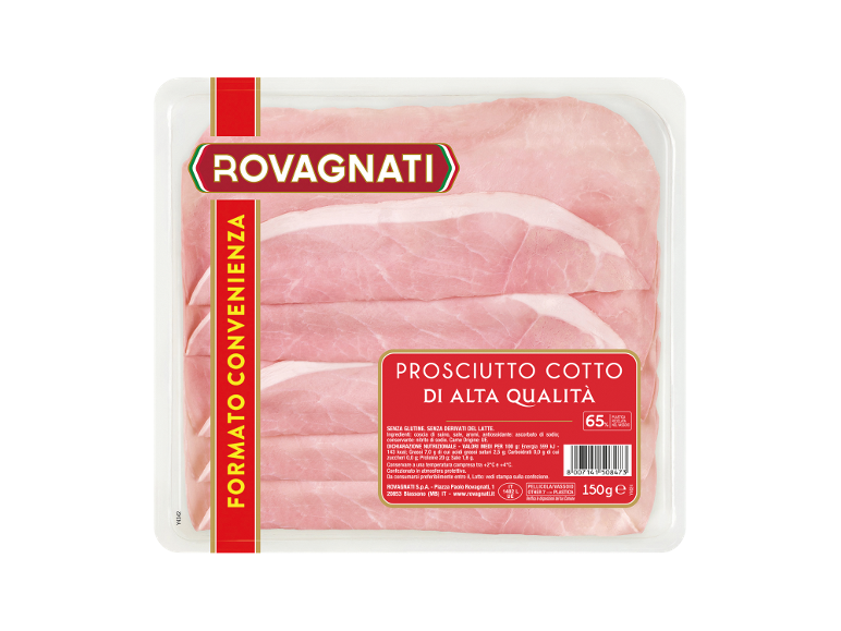 Confezione di prosciutto cotto di alta qualità, 150g, con informazioni nutrizionali e di conservazione.