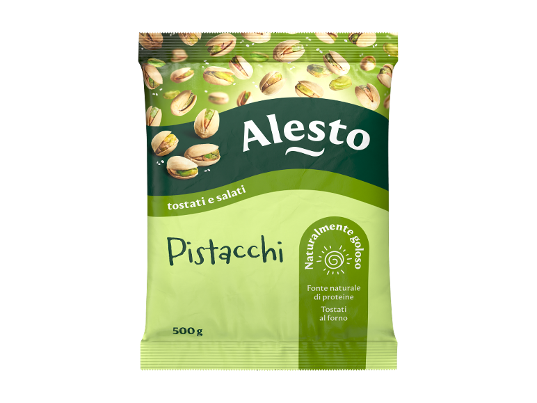 Confezione di pistacchi tostati e salati, fonte naturale di proteine, 500 g.