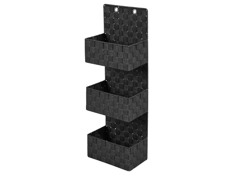 Organizzatore nero sospeso con tre cesti intrecciati.