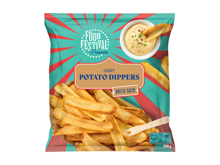 Busta di patate dipper croccanti con buccia, salsa e istruzioni di cottura, 600g.
