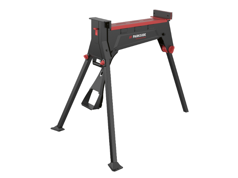 Cavalletto da sega PARKSIDE PERFORMANCE nero e rosso con gambe pieghevoli.