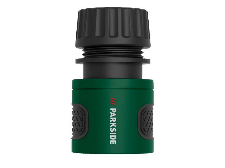 Connettore per tubo verde con filettatura nera a coste e inserti antiscivolo.