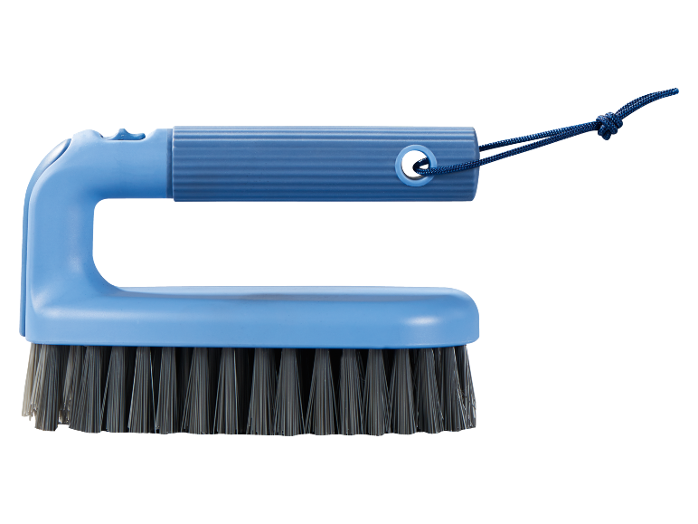 Spazzola per la pulizia blu con manico corto e cordino.