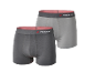 Due boxer da uomo in cotone, uno grigio scuro e uno grigio chiaro, con elastico rosso.