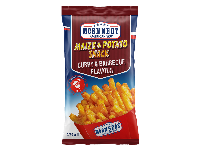 Snack di mais e patate al gusto curry e barbecue, 175g.