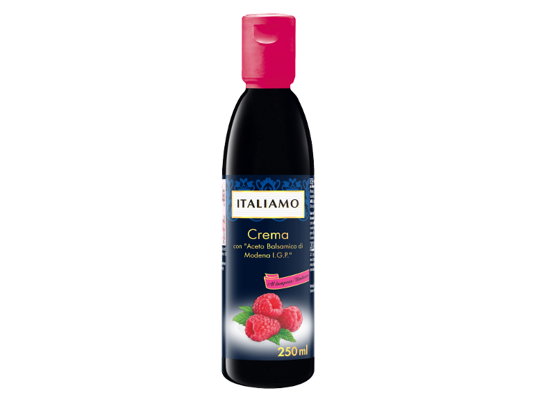 Crema balsamica al lampone in bottiglia da 250 ml.