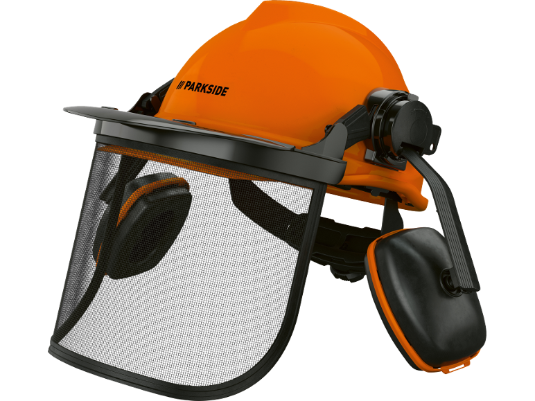 Casco di sicurezza arancione con visiera a rete e cuffie antirumore.