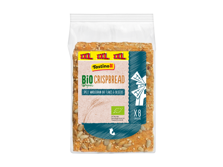 Confezione con otto gallette biologiche di farro, fiocchi d'avena integrali e semi oleosi.