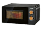 Forno a microonde nero con manopole in legno, controllo potenza e timer.