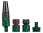 Set di ugelli e connettori per tubo da giardino verdi e rossi.