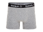 Boxer grigi con elastico in vita nero e testo bianco.