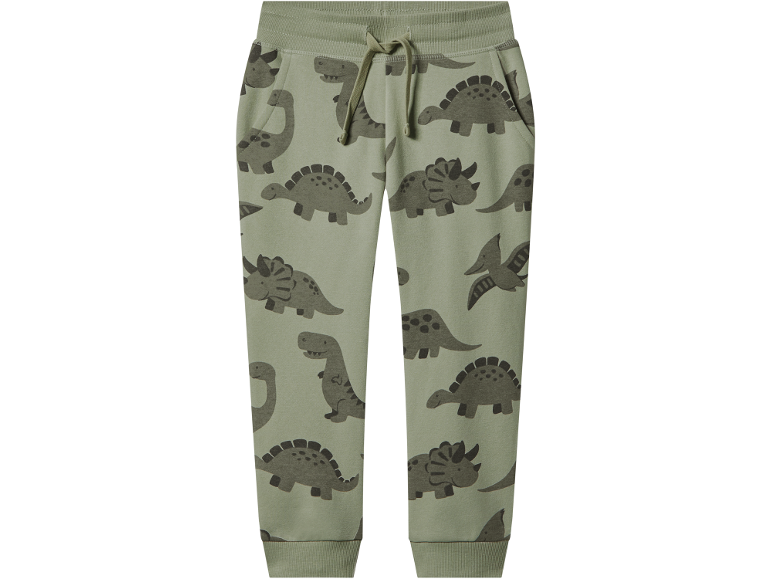 Pantaloni in jersey per bambini verde oliva con motivo dinosauri.