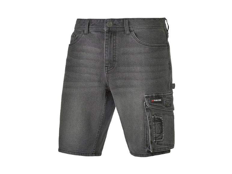 Pantaloncini in denim grigio con tasche cargo e passante per attrezzi.