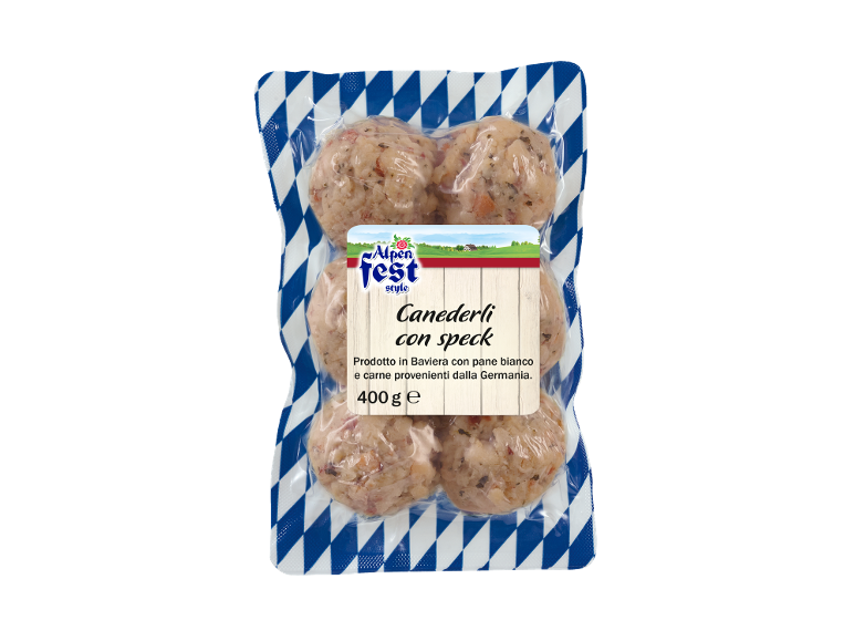 Confezione di canederli con speck, 400g, prodotti in Baviera.