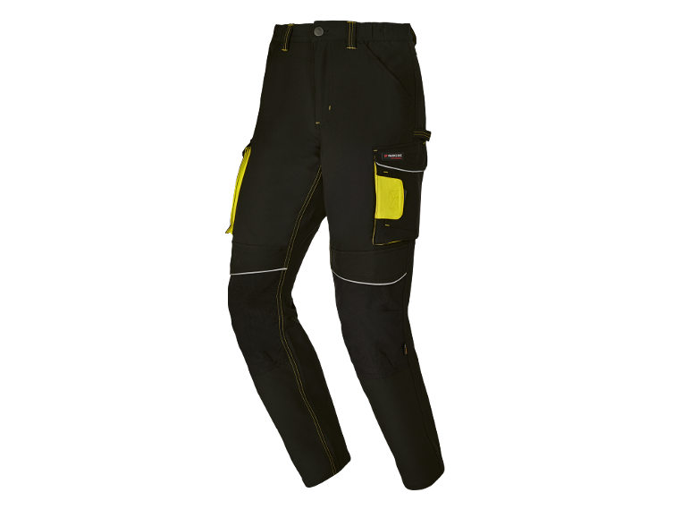Pantaloni da lavoro neri con accenti gialli e strisce riflettenti.