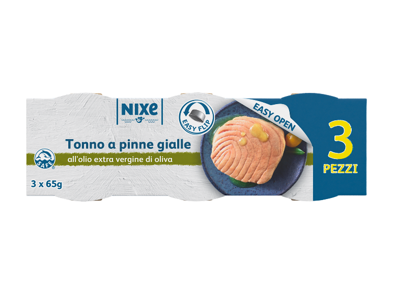 Confezione da 3 scatolette di tonno in olio d'oliva, 3 x 65g, con scritta 'easy open'.