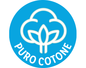 Sigillo blu con simbolo di cotone bianco e testo 'PURO COTONE'.