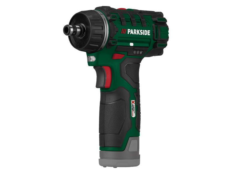 Avvitatore a batteria verde e nero con accenti rossi