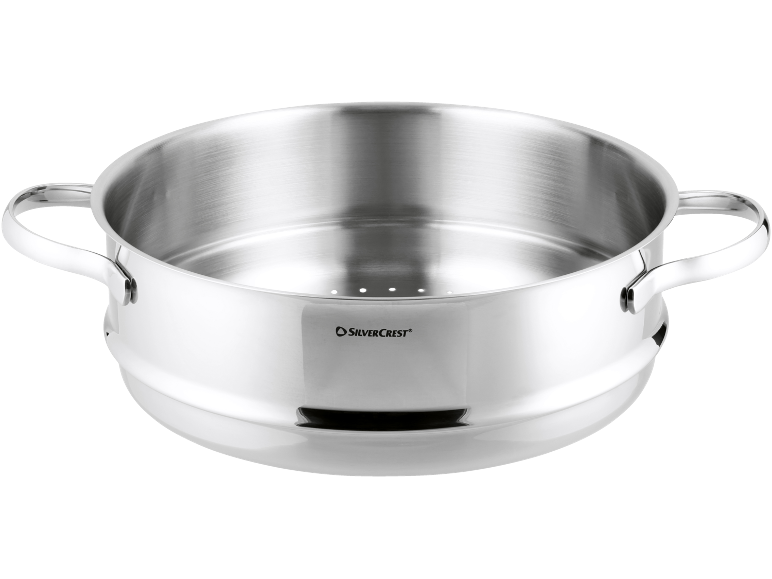 Pentola da cucina in acciaio inossidabile con fondo perforato e manici.