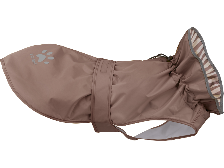Impermeabile marrone per cani con stampa riflettente della zampa e cappuccio regolabile.