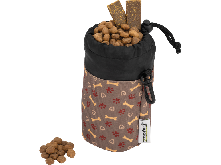 Borsa per crocchette con cibo e bastoncini per cani, con stampe di zampe e ossa.
