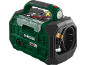 Compressore portatile verde e nero con maniglia, luce e tubo riposto.