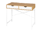 Scrivania in legno con due cassetti bianchi e struttura in metallo bianco