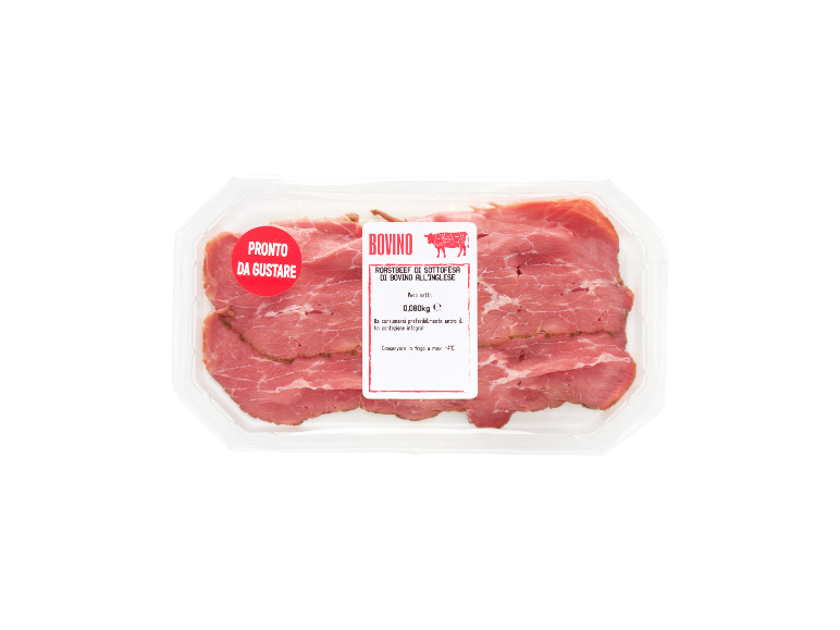 Roast beef affettato confezionato, pronto da gustare, con etichetta indicante peso e conservazione.