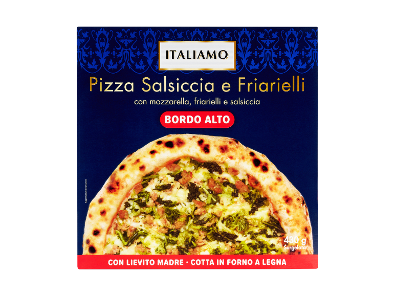 Pizza Salsiccia e Friarielli con mozzarella, bordo alto, 430g.