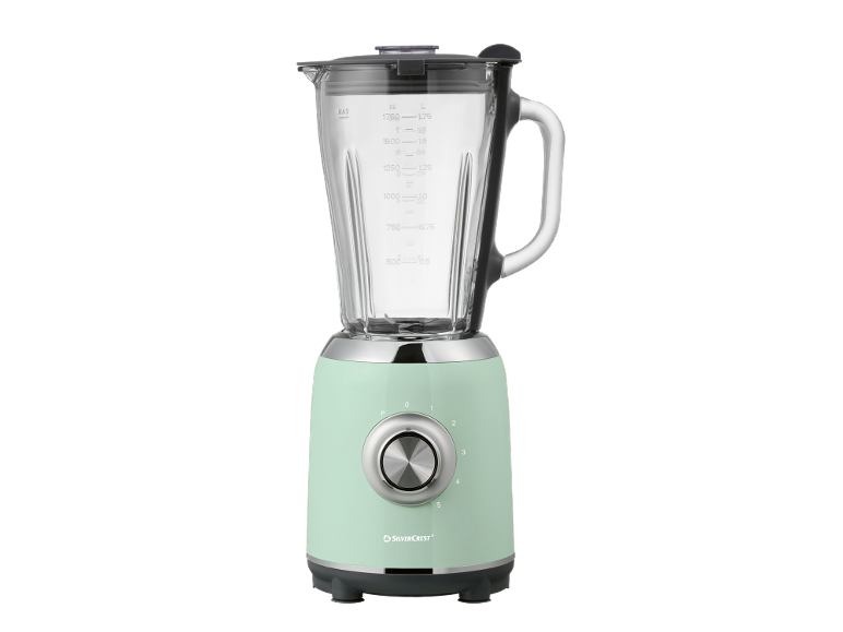 Frullatore verde menta con caraffa in vetro, tacche di misurazione fino a 1,75L e manopola a 5 velocità.