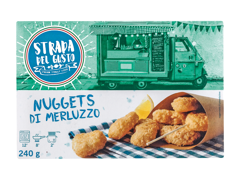 Nuggets di merluzzo con limone, serviti in un cono di carta, con un furgone di street food.